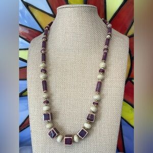 50 Elegant Purple and Cream Beaded Necklace with screw closure